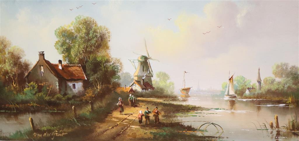 W. E. Van Groot (20th century Dutch School), river scene and companion piece, 14 x 29.5cm